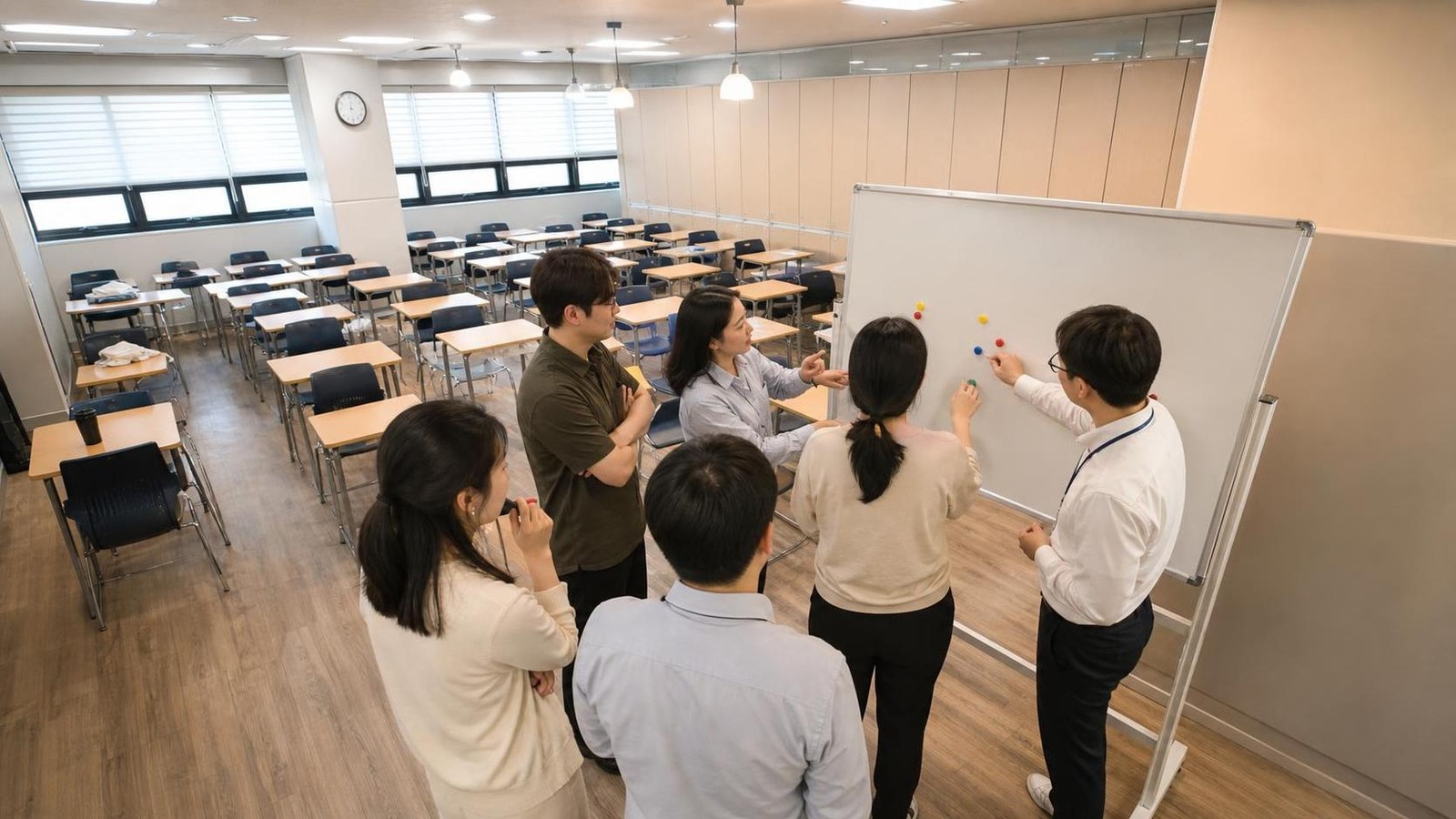 한국 학원 교육실에서 상담 자료 공개 기준을 나누어 후속 조치를 정하는 직원들