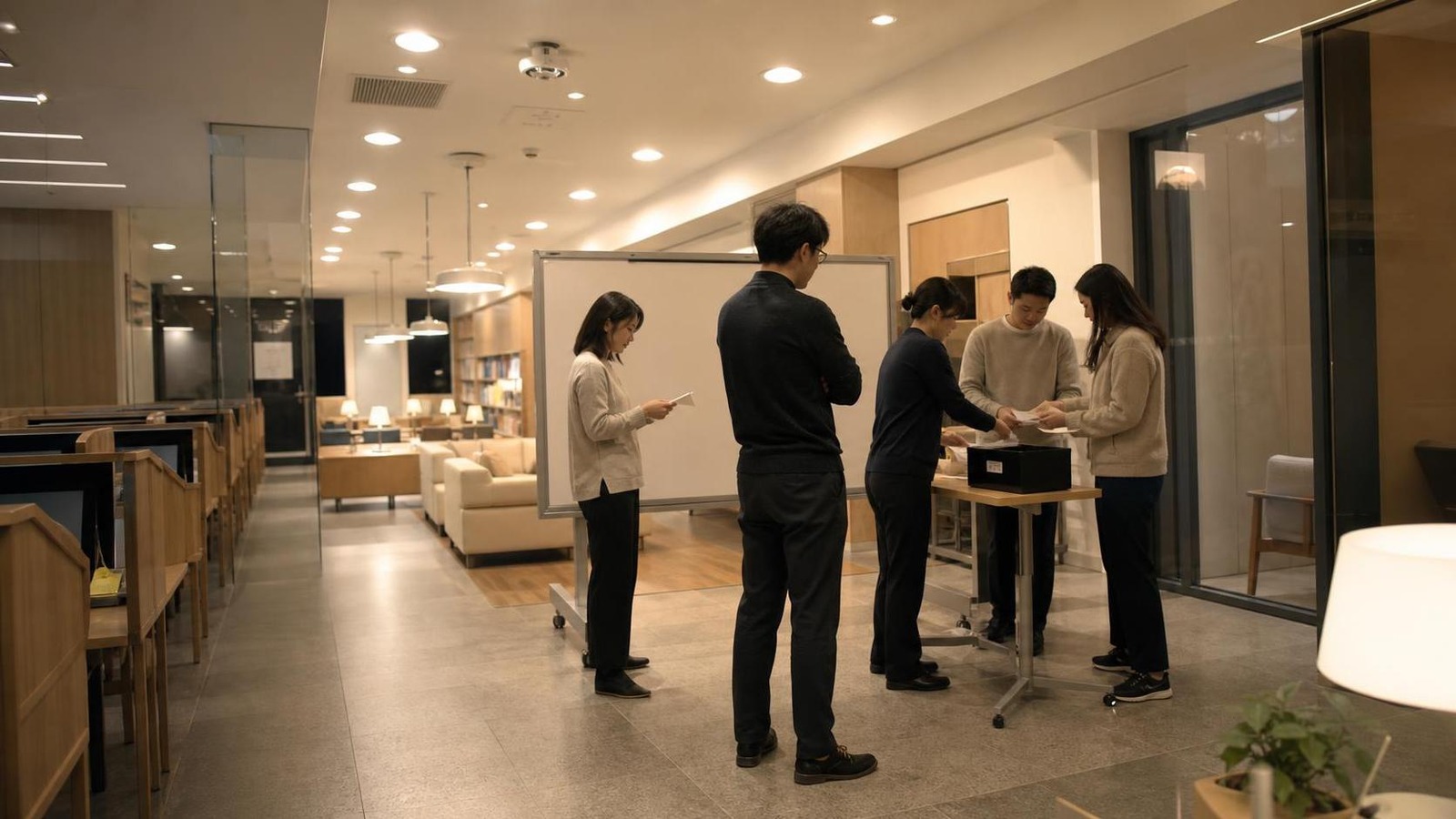 한국 학원 스터디룸에서 상담 후속 항목을 나누는 교직원들