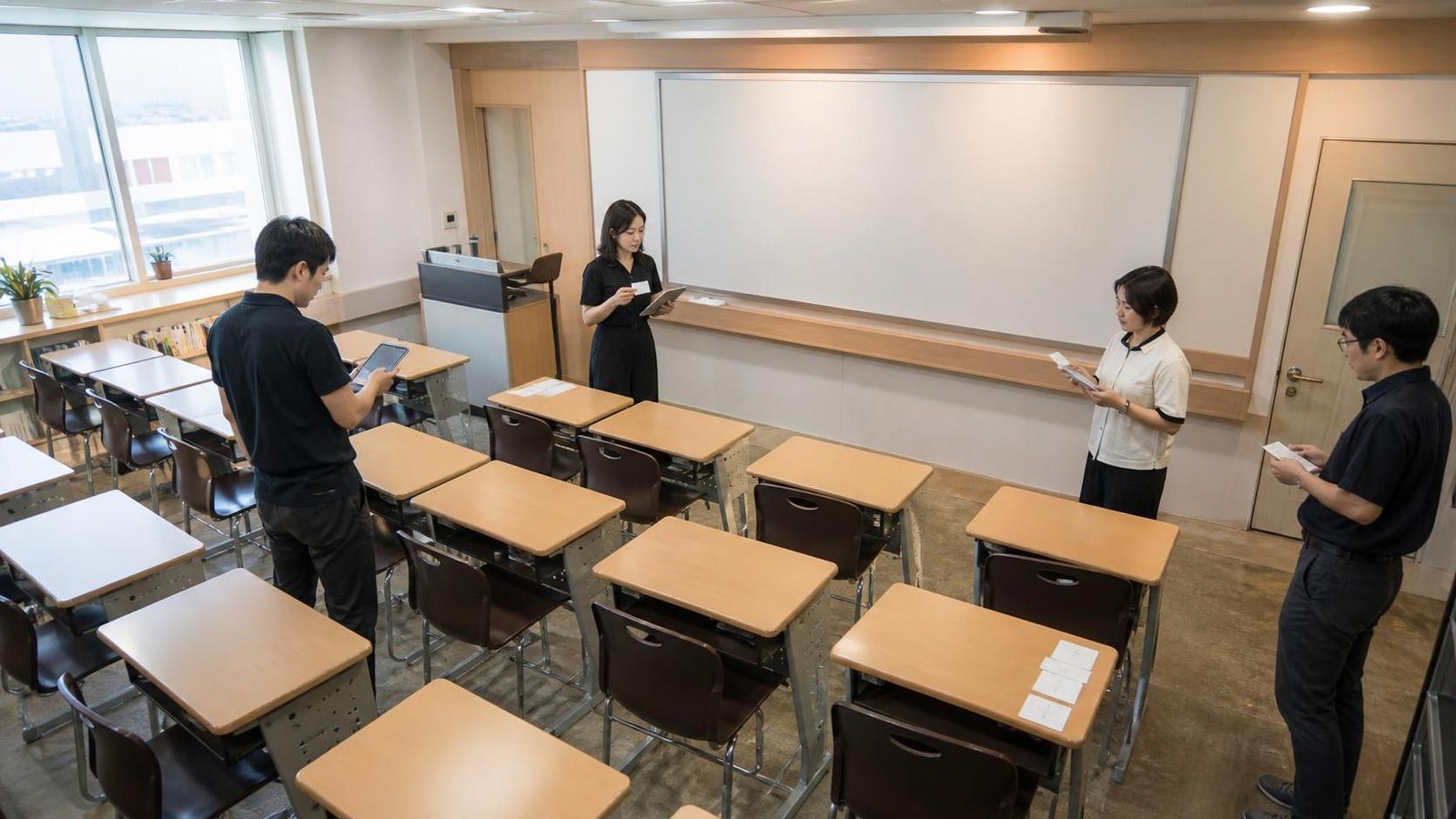 한국 학원 강의실 앞에서 상담 후속 역할을 나누는 직원들