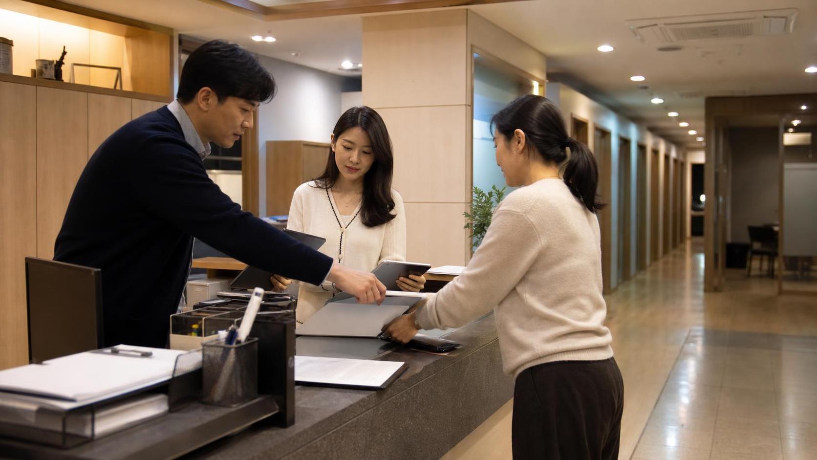 한국 학원 프런트 운영 공간에서 상담 후속 업무를 인계하는 장면