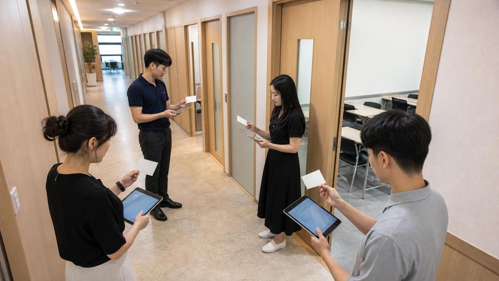 한국 학원 복도와 강의실 앞에서 상담 후속 역할을 나누는 직원들