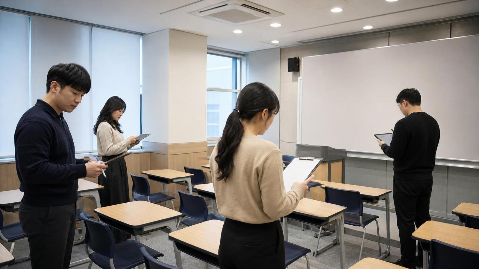 한국 학원 강의실 뒤편에서 첫 수업 관찰 기준을 점검하는 직원들