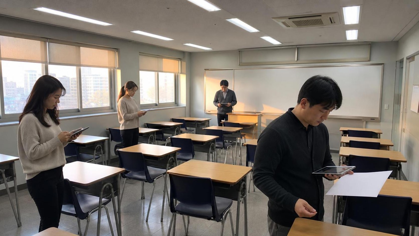 한국 학원 교실 뒤편에서 상담 전 미해결 목록을 확인하는 직원들