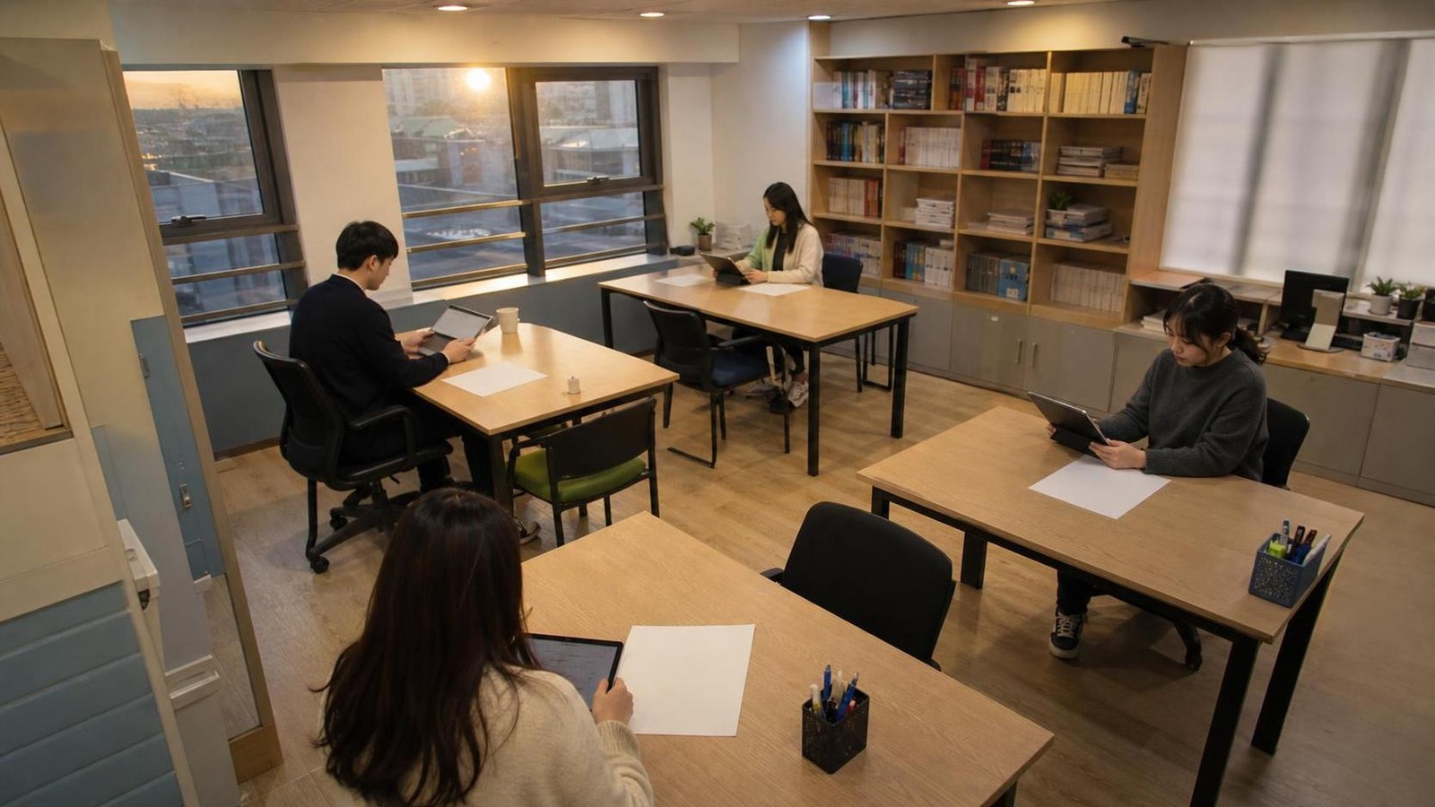 한국 학원 스터디룸에서 상담 이후 남은 회신 항목을 점검하는 직원들