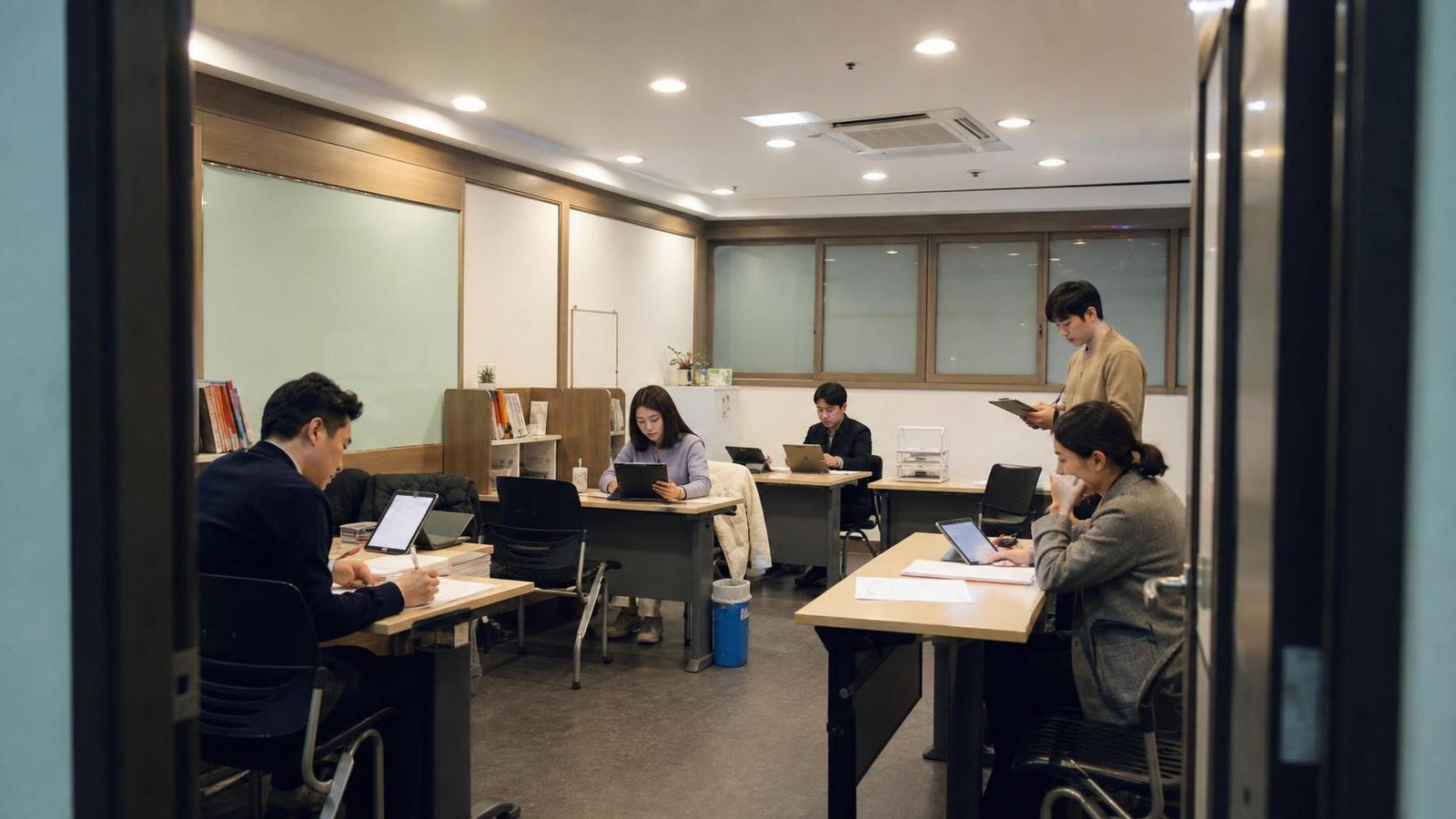 한국 학원 스터디룸에서 상담 미해결 질문 목록을 점검하는 직원들