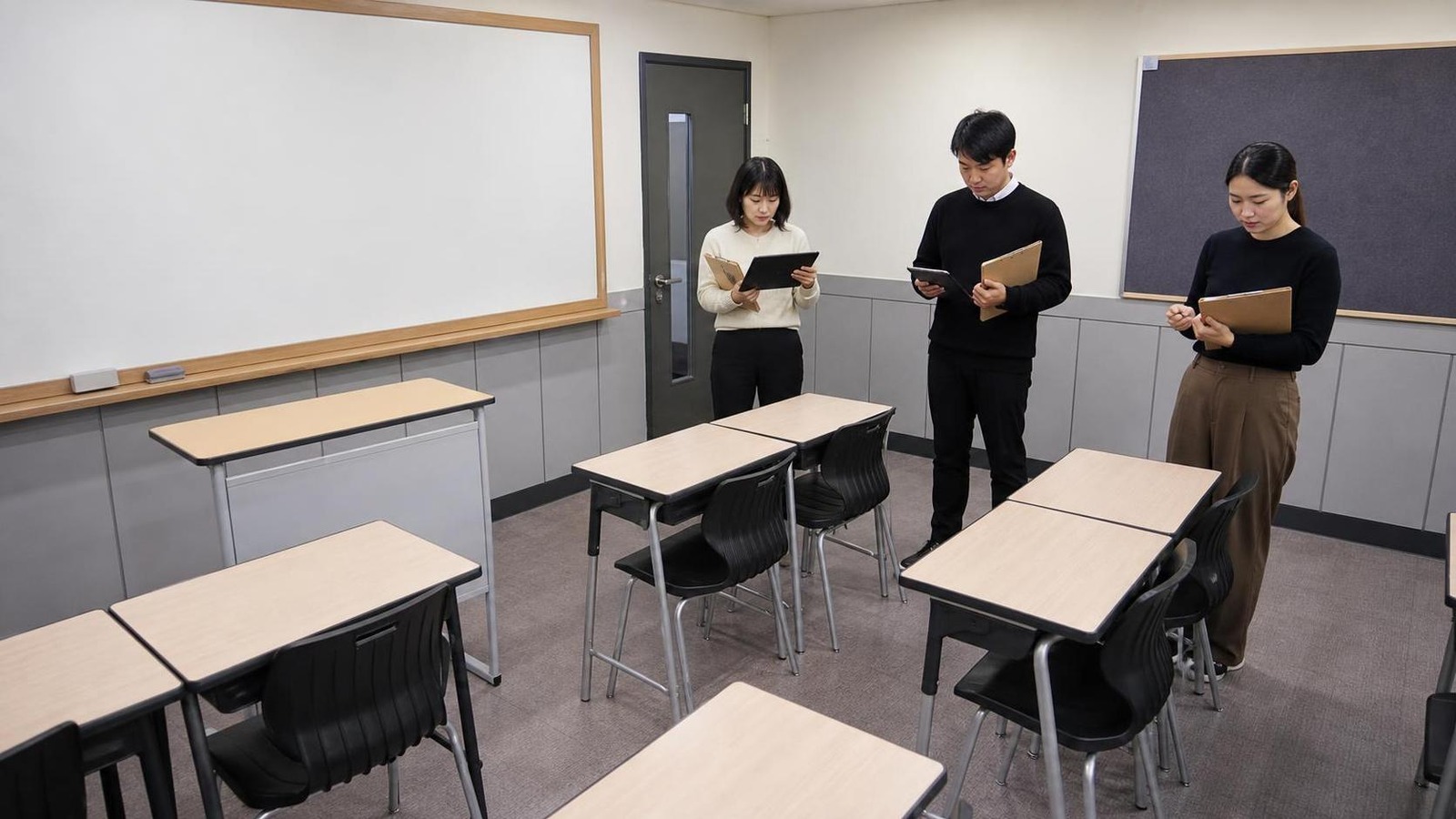 한국 학원 강의실 뒤편에서 상담 후속 회신을 점검하는 직원들