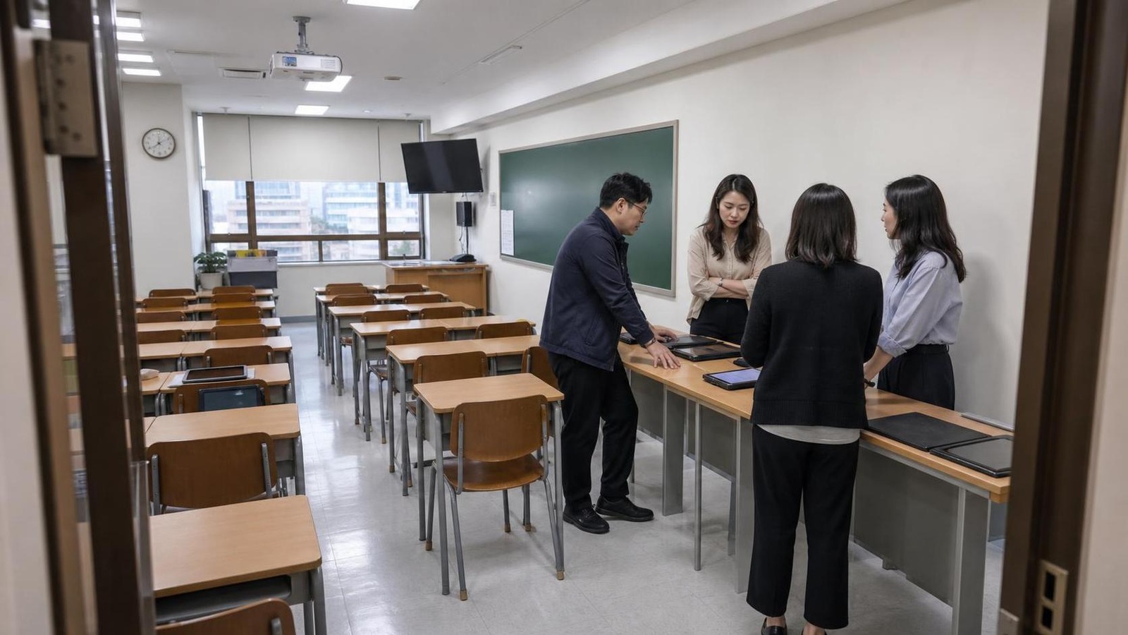한국 학원 강의실 옆 브리핑 공간에서 상담 기록 공유 흐름을 논의하는 직원들