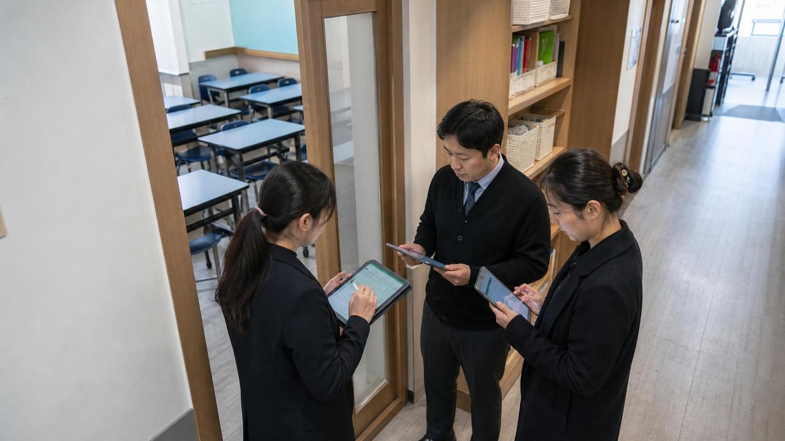 한국 학원 교실 앞에서 상담 후속 업무를 확인하는 교육 직원들
