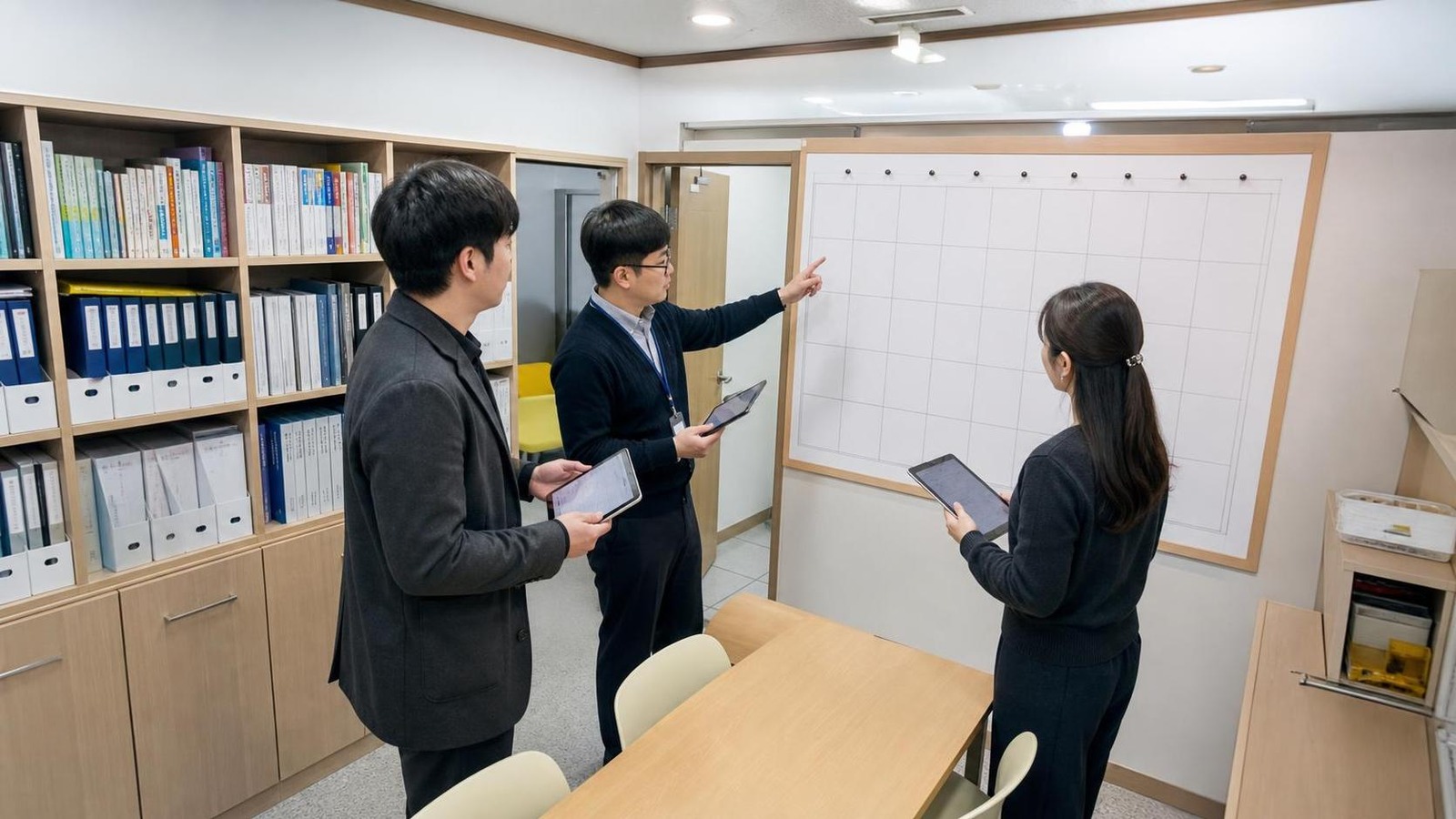 한국 학원 브리핑룸에서 상담 전 자료를 확인하는 교육 직원들