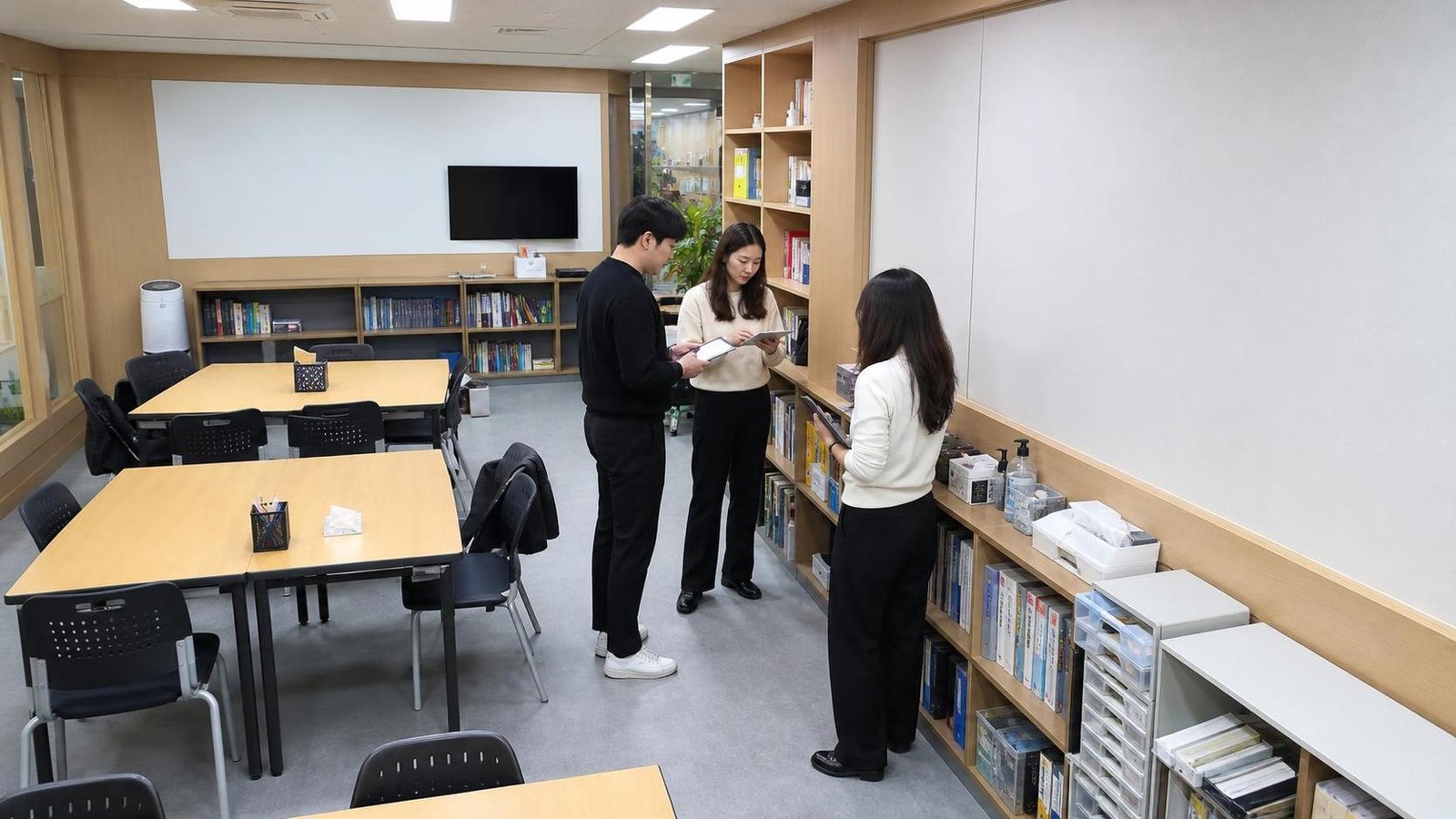 한국 학원 스터디룸에서 상담 후속 회의를 하는 교육 직원들