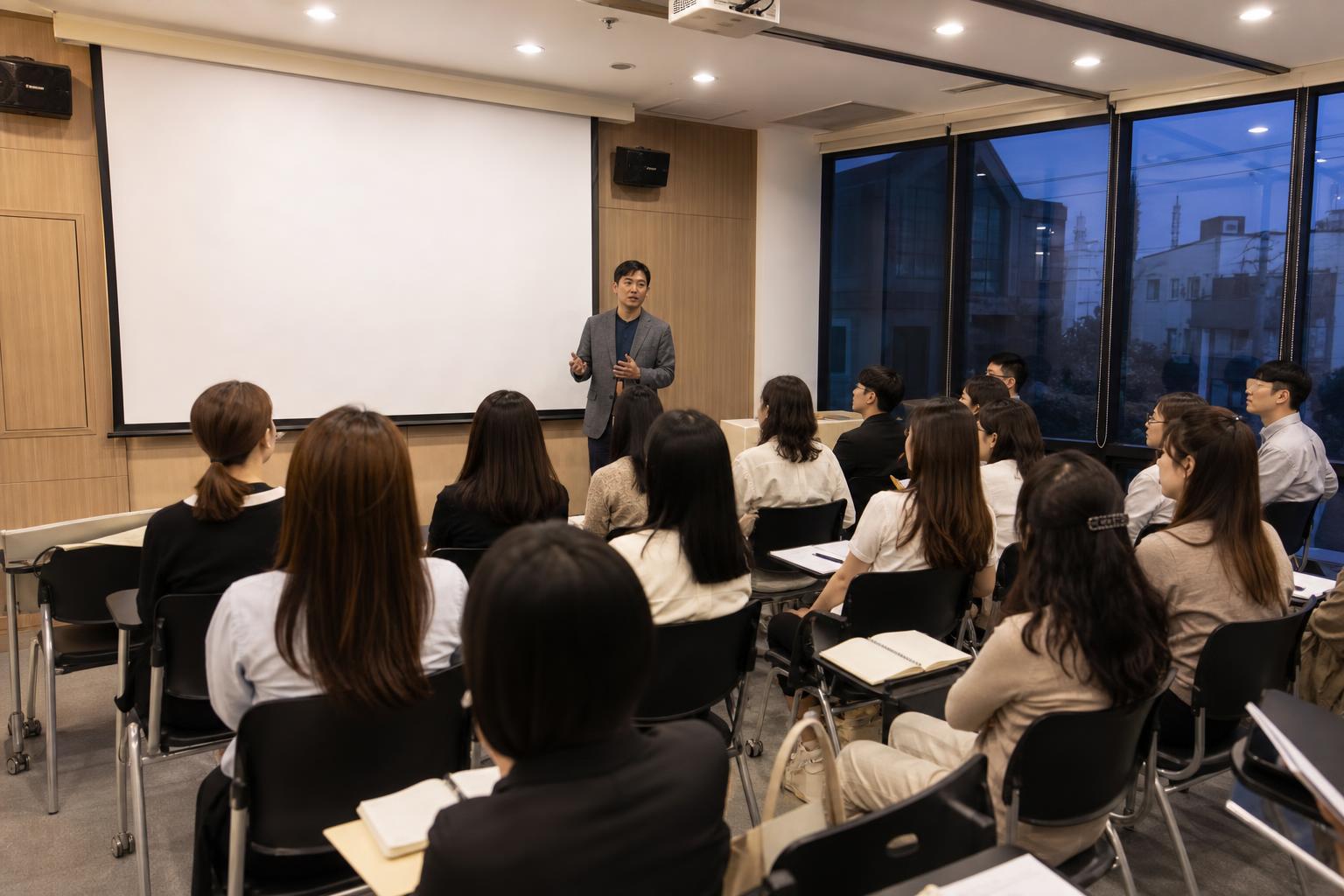 한국 학원 브리핑룸에서 학부모 상담 후속 조치를 정리하는 넓은 장면