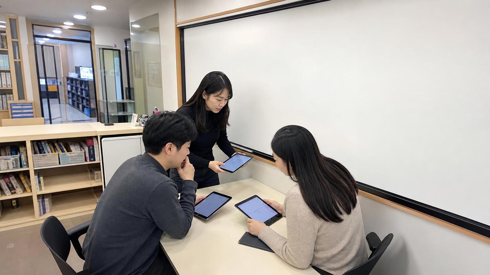 한국 학원 브리핑룸에서 반복 문의 기록을 함께 검토하는 교육 직원들