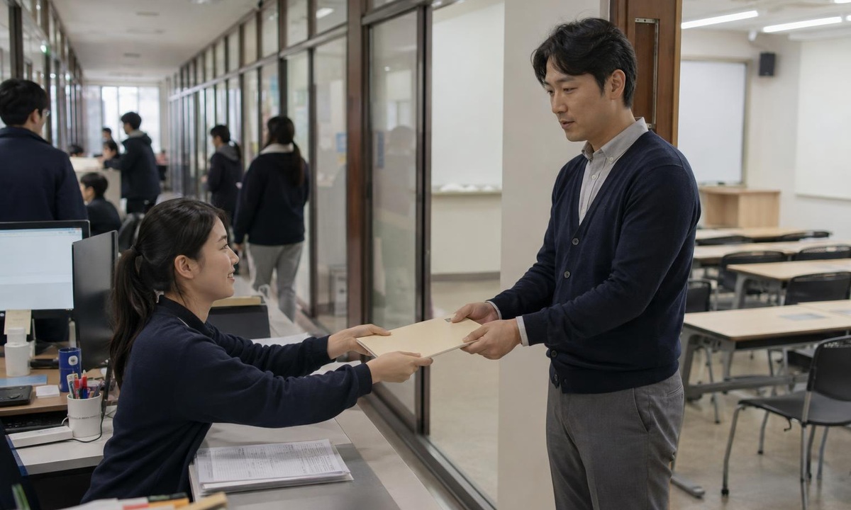 한국 학원 복도에서 상담 전 자료를 인계하는 실사진