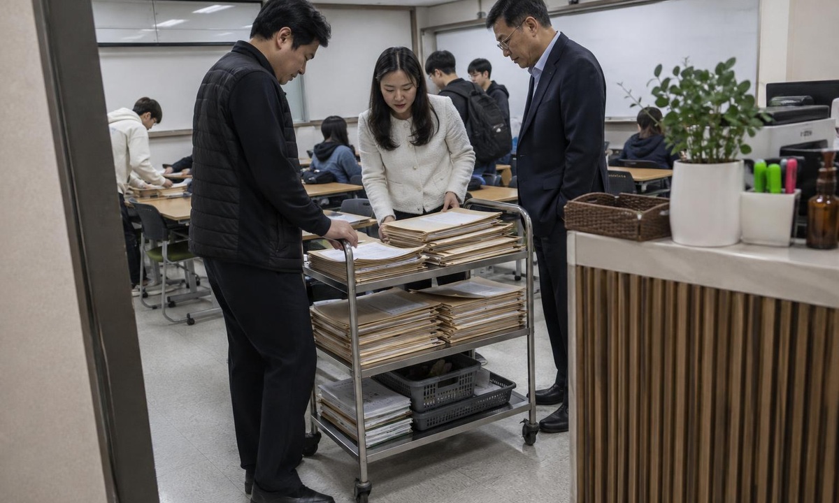 한국 학원에서 학부모 상담 후속 약속을 인계하는 실사진