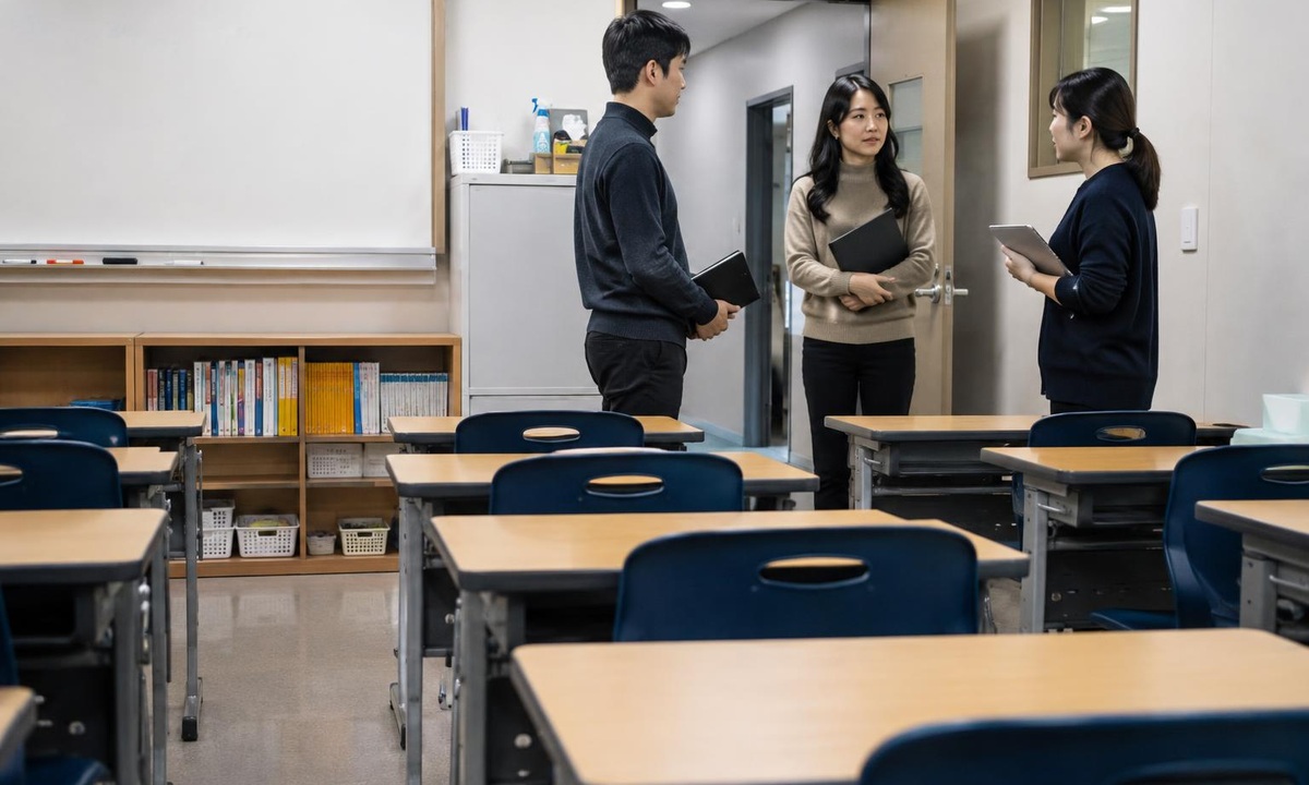 한국 학원 교실에서 학부모 상담 후속 업무를 인계하는 실사진
