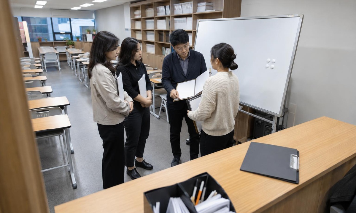 한국 학원 스터디룸에서 학부모 상담 기록을 주간 점검하는 실사진