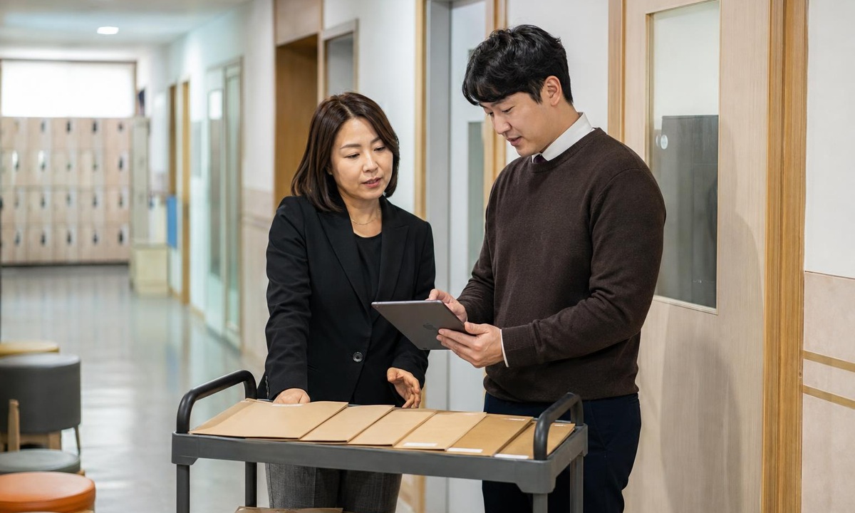한국 학원 복도에서 학부모 상담 준비 자료를 점검하는 실사진