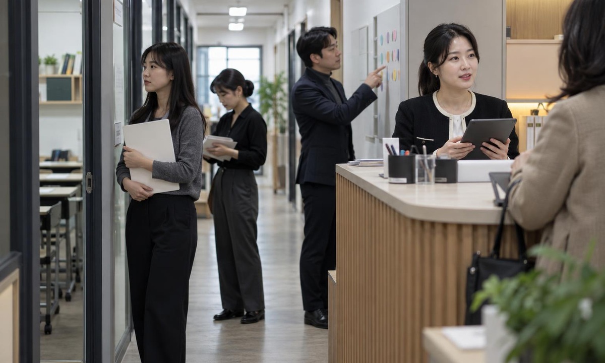한국 학원 복도와 프런트에서 상담 전 이슈를 인계하는 현실적인 장면