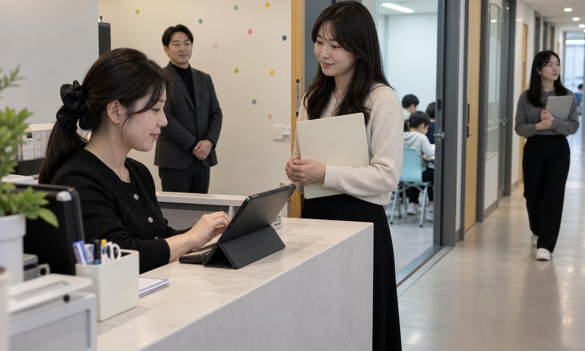 한국 학원 프런트와 복도에서 상담 기록을 인계하는 현실적인 장면