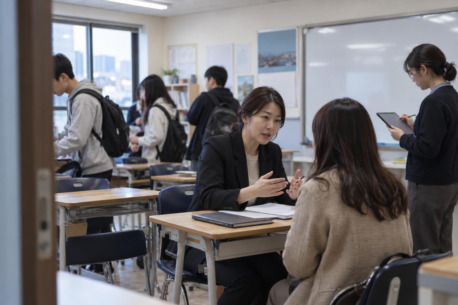 한국 학원 교실에서 학부모 상담과 출결 보강 확인이 함께 진행되는 실사진형 장면