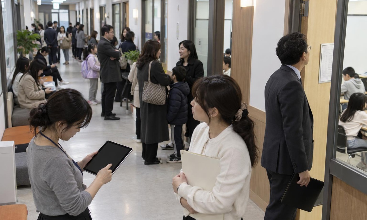 한국 학원 복도에서 상담 회신 대기열을 확인하는 운영 장면