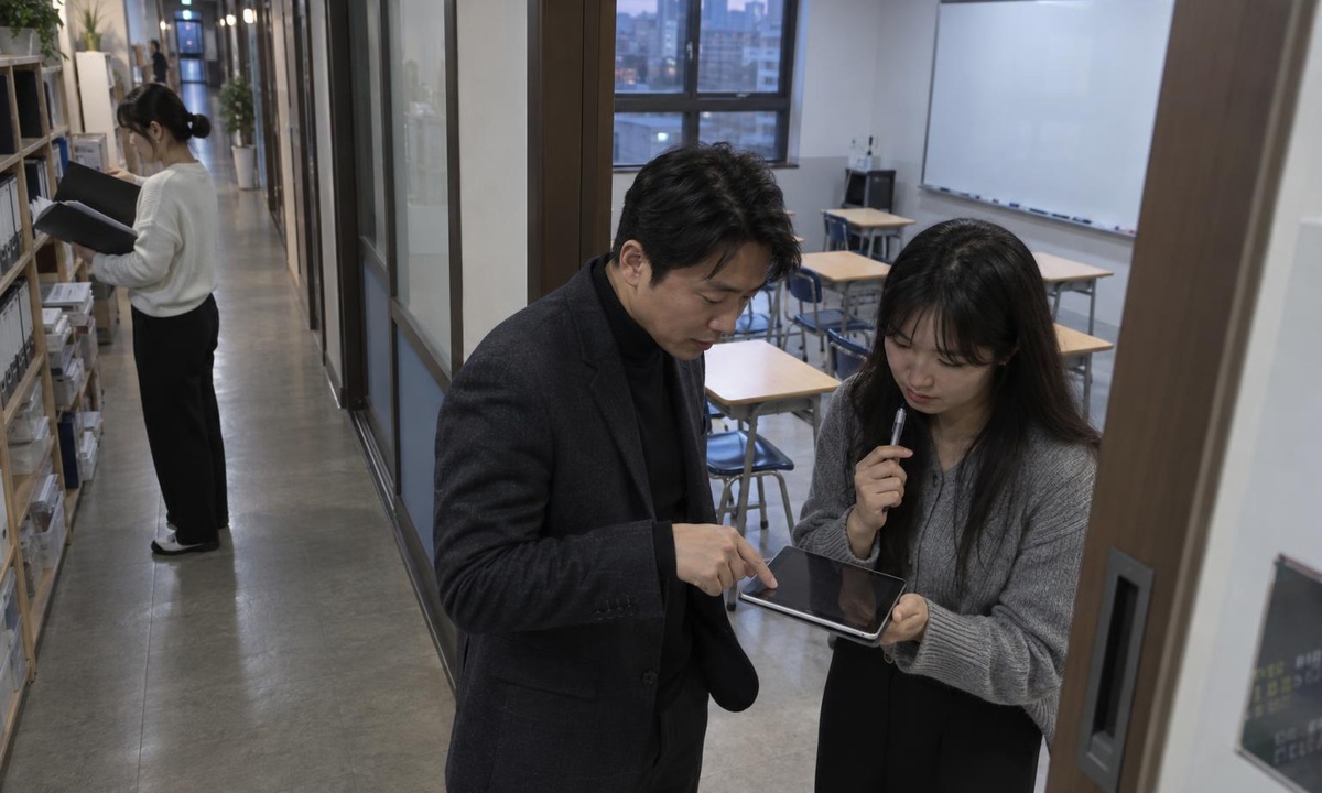 한국 학원 복도와 교실 앞에서 상담 후속 항목을 확인하는 운영 장면