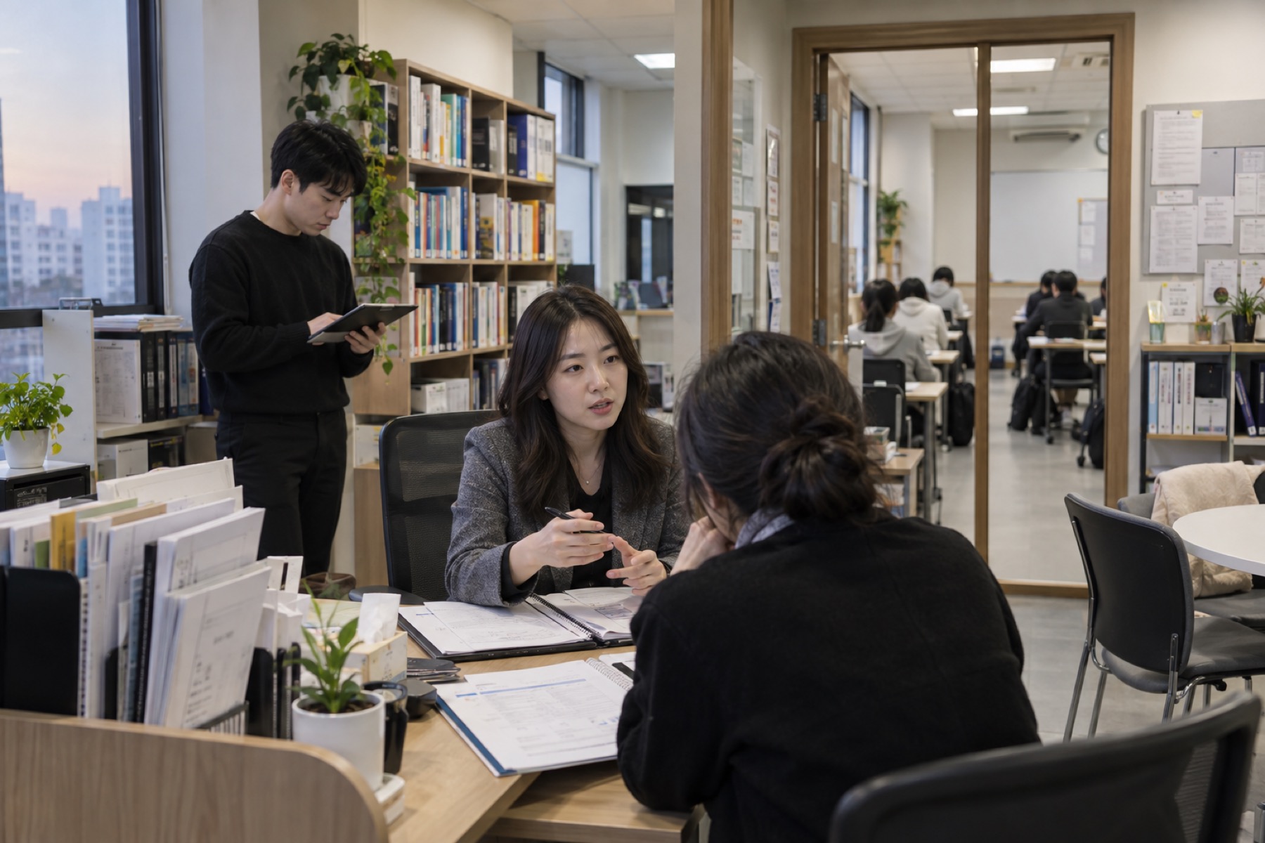 한국 학원 스터디룸에서 학부모 상담 후속 내용을 확인하는 넓은 현장 사진