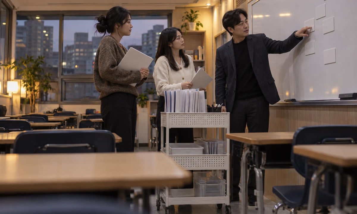 한국 학원 교실에서 상담 전 질문 유형과 담당자를 점검하는 장면