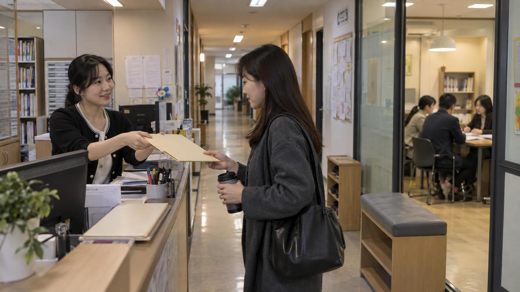 학부모 상담 후 담당자 인수인계를 진행하는 한국 학원 운영 장면