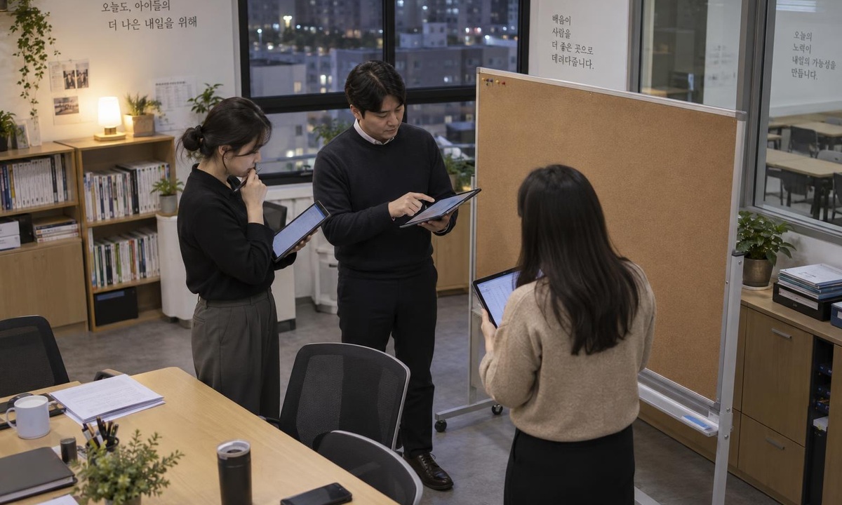 한국 학원 브리핑룸에서 상담 후속 회신 상태를 점검하는 운영진