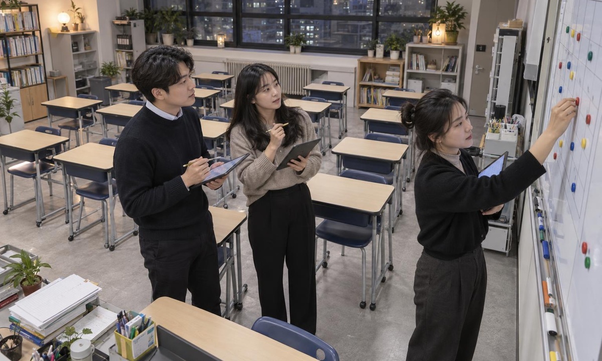 한국 학원 세미나룸에서 상담 후속 약속의 열린 상태를 점검하는 운영진