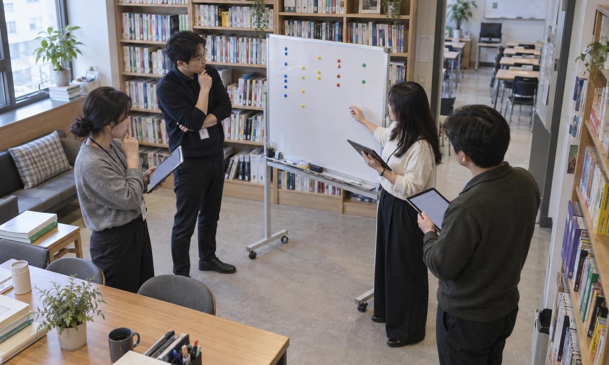 한국 학원 세미나룸에서 상담 후속 약속의 열린 상태를 점검하는 운영진