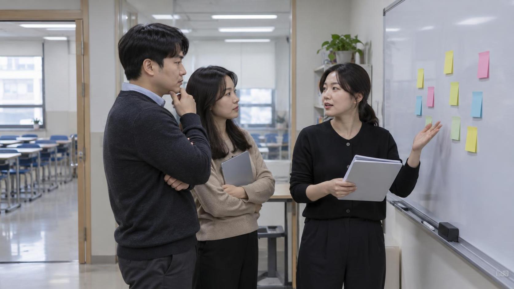 한국 학원 스터디룸에서 상담 후속 회신 기준을 논의하는 운영진