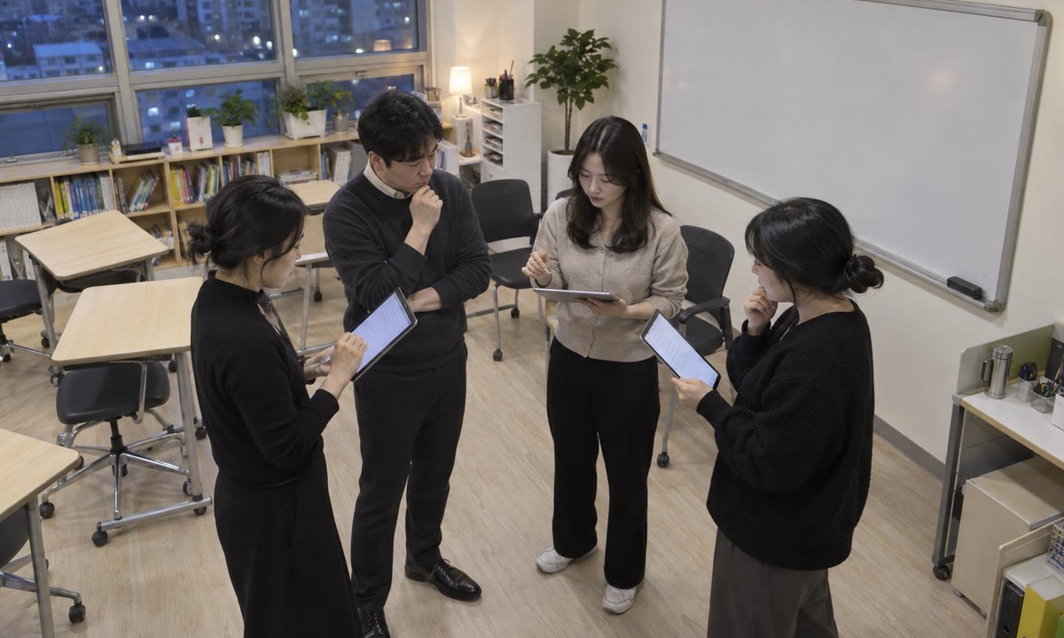 한국 학원 세미나룸에서 상담 후속 약속의 열린 상태를 점검하는 운영진