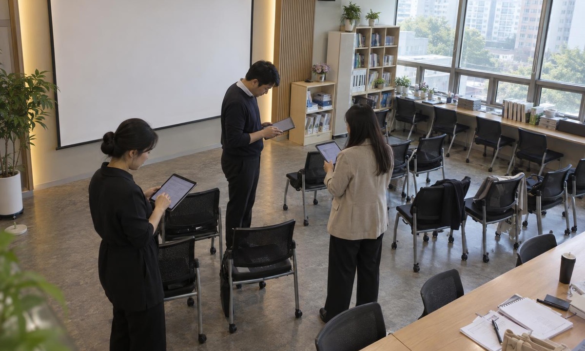 한국 학원 브리핑룸에서 보강과 출결 변경 약속을 함께 점검하는 운영진