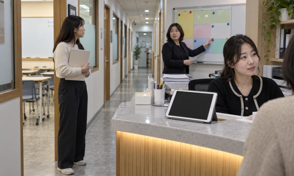 한국 학원 복도와 프런트 사이에서 상담 일정 변경을 공유하는 직원들