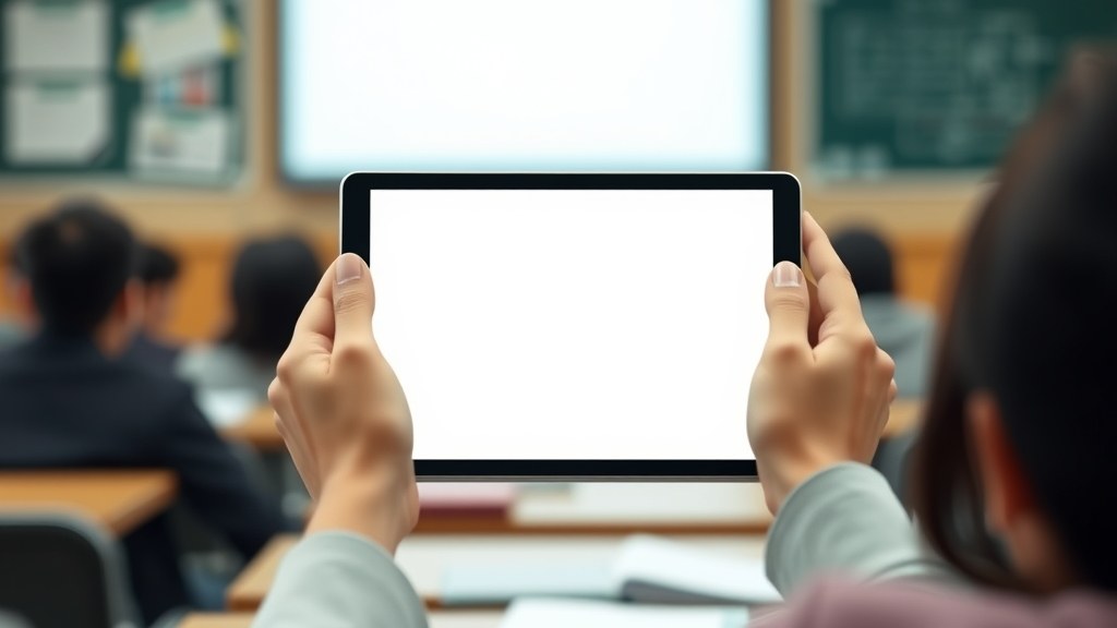 태블릿으로 수업 기록을 남기는 모습