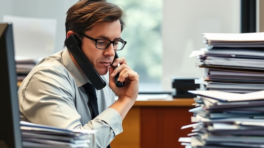 바쁜 학원 관리자가 전화를 받으며 업무를 정리하는 모습