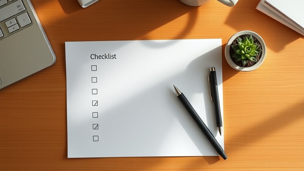 학원 상담 응대 체크리스트와 펜이 놓인 책상