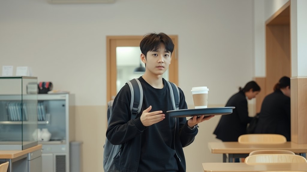 셀프 정리대에 트레이를 반납하는 회원