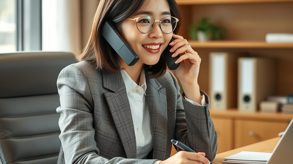 반복 결석 학생의 학부모와 차분히 통화 중인 학원 원장