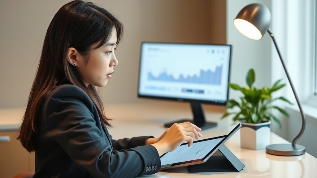 태블릿으로 학생 학습 데이터를 확인하는 매니저