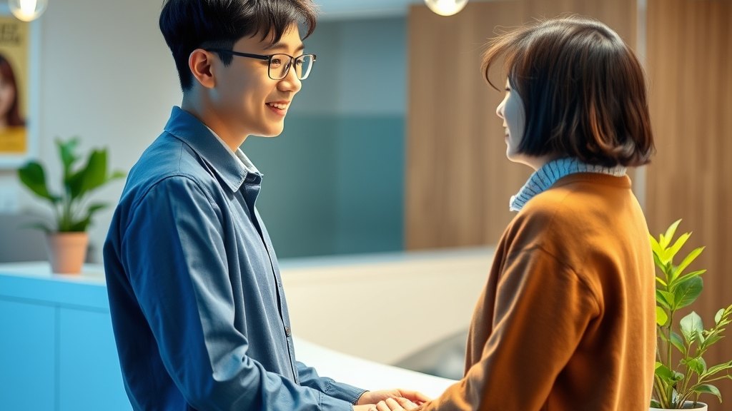 강사가 학원 카운터에서 학부모와 짧게 인사하는 장면