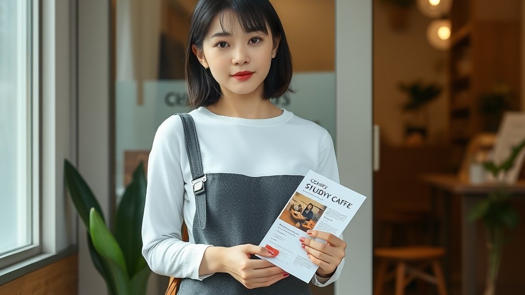 운영자가 매장 입구에서 동네 안내물을 정리하는 장면