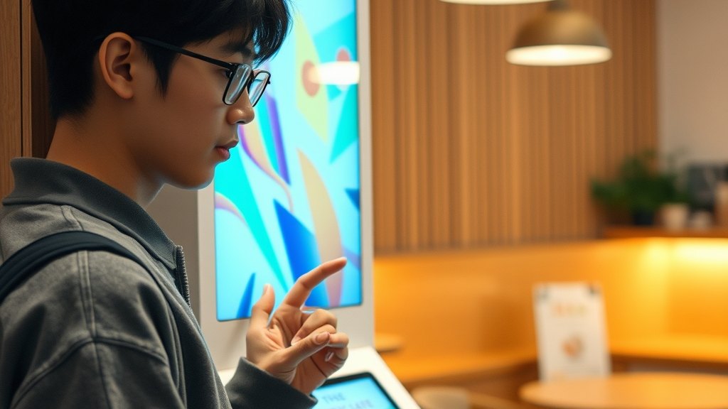 신규 회원이 키오스크 앞에서 첫 등록을 하는 장면