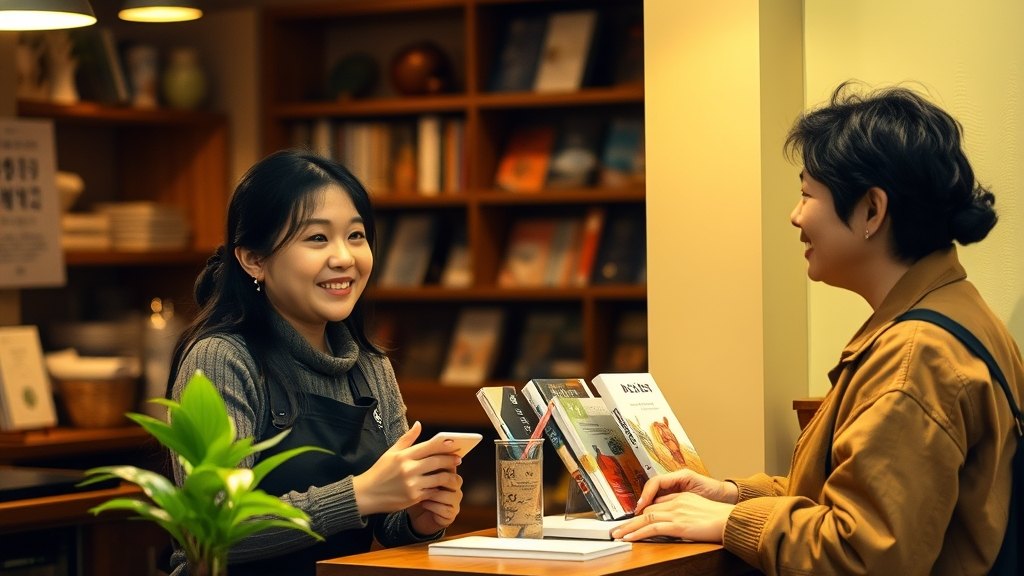 운영자가 동네 카페 주인과 짧게 제휴 이야기를 나누는 장면