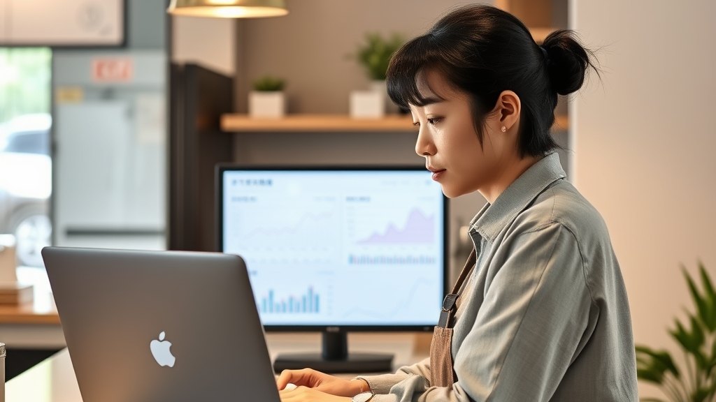 운영자가 데스크에서 회원 등록 데이터를 점검하는 모습