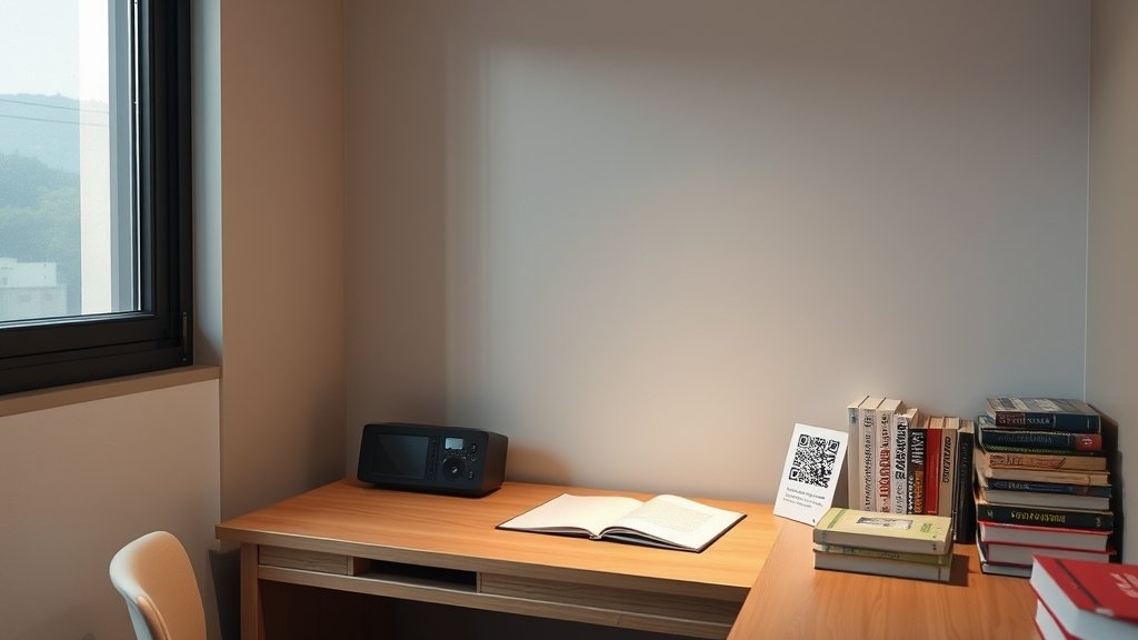 독서실 좌석 책상 위에 놓인 작은 QR 코드 안내 카드