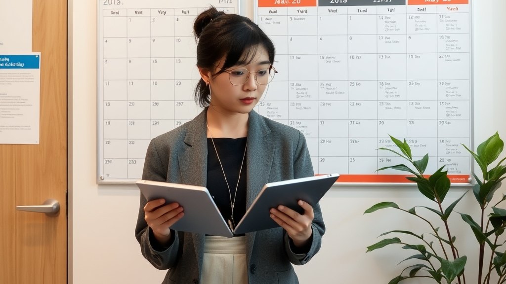 원장이 시험 일정표를 정리하는 모습