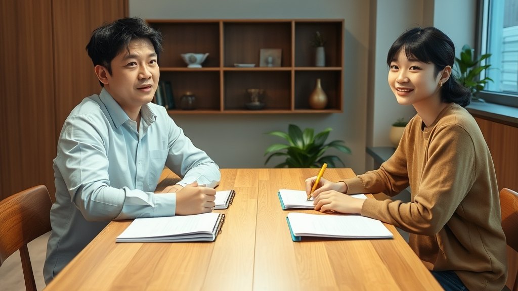 강사와 학생이 시험 후 피드백을 진행하는 모습